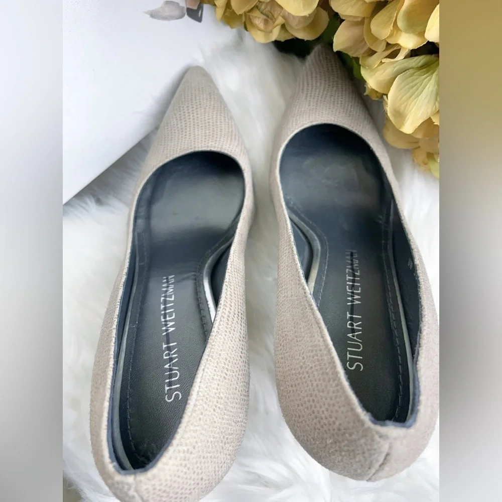 Stuart Weitzman Casual Beige Textured Block Heel Pumps Pointed Toe Women's Shoes